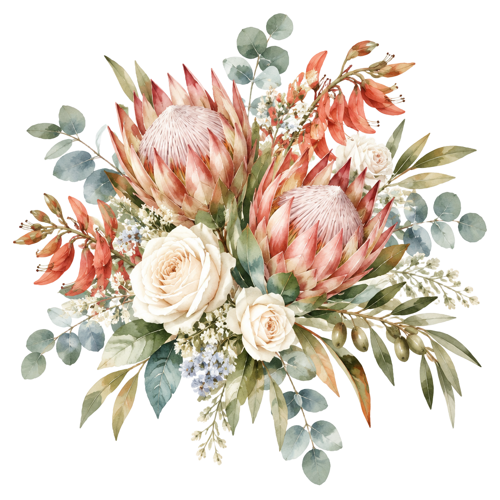 Hand-painted king proteas, eucalyptus and roses