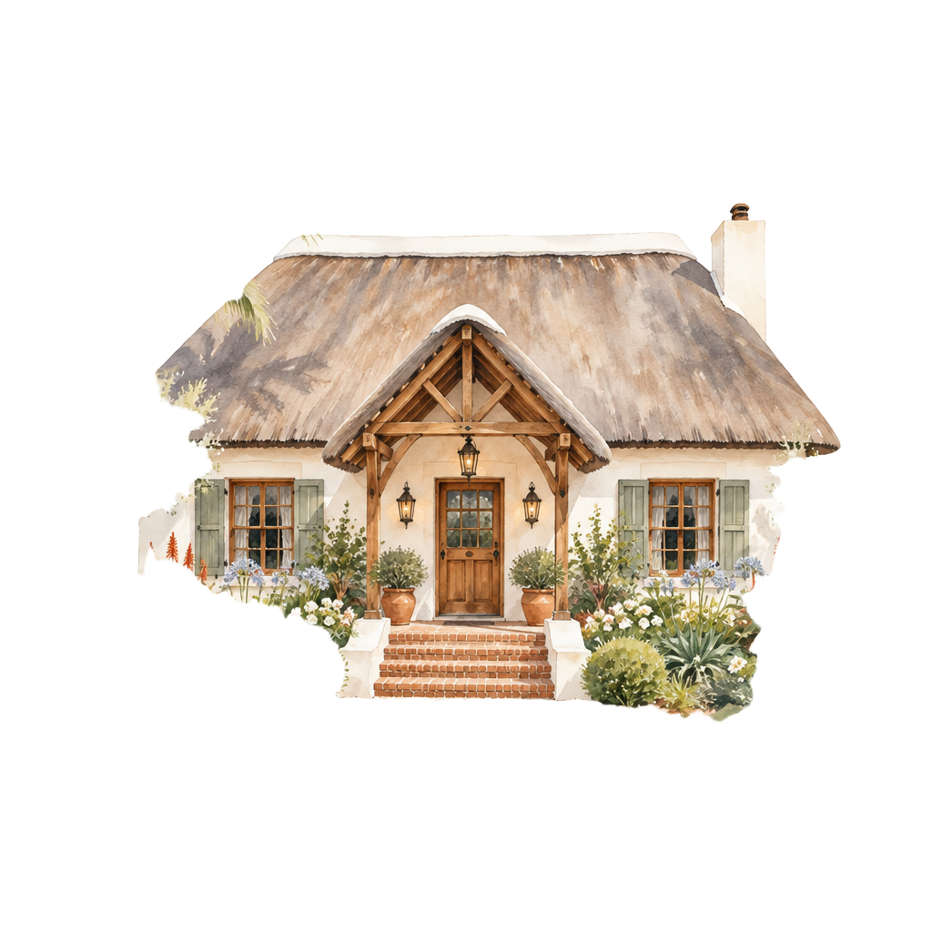 Daytime watercolour of the farmhouse